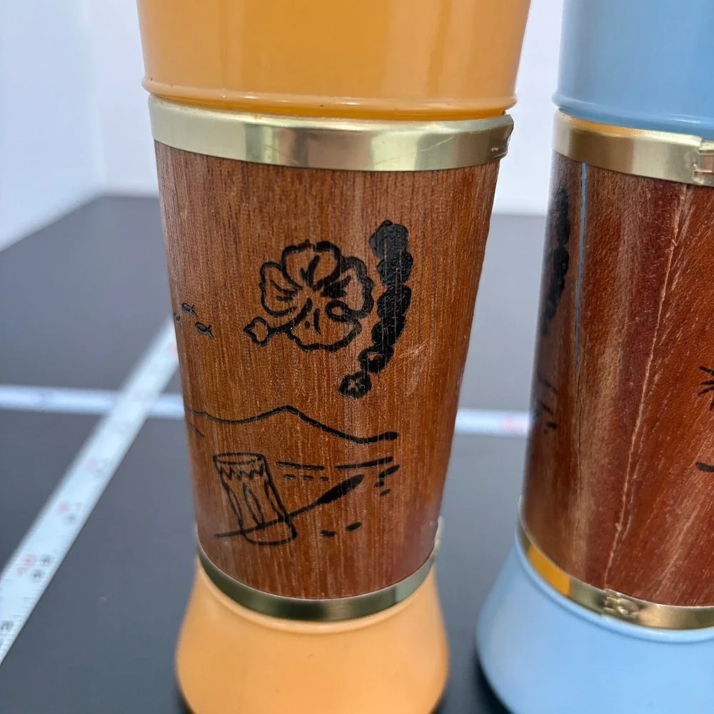 Vintage Siesta Ware Tiki Tumblers 6.5in Multi Color Genuine Mahogany Wood Set 4